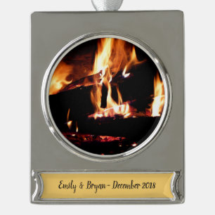Houtblokken in de Haard Warm Vuur Fotografie Verzilverd Banner Ornament