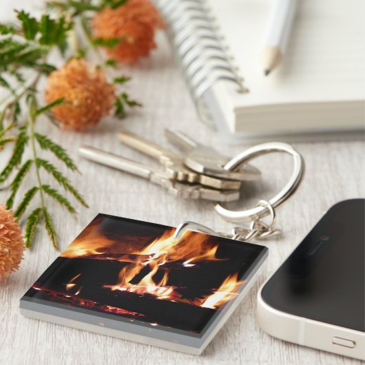 Houtblokken in de open haard warme vuur fotografie sleutelhanger (Voorkant Rechts)