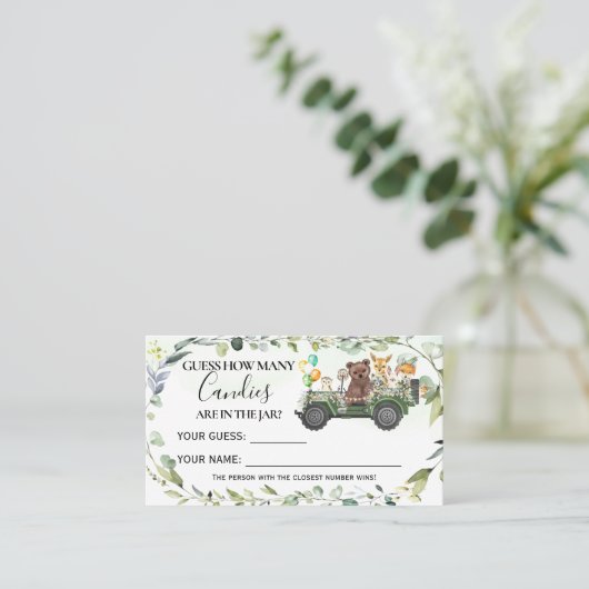 Houtdieren hoeveel Snoepjes Baby shower Plaatskaartje (Staand voorkant)