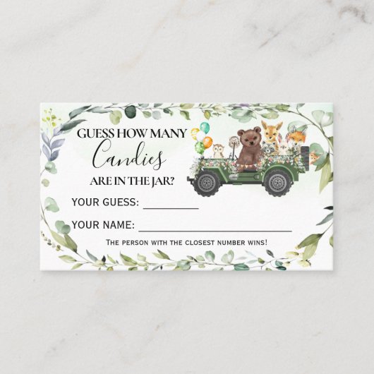 Houtdieren hoeveel Snoepjes Baby shower Plaatskaartje (Voorkant)