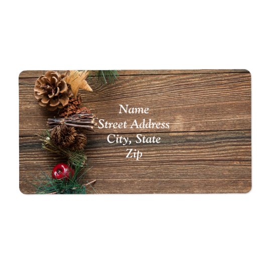 houten achtergrond met dennenappels etiket (Voorkant)