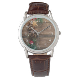 houten achtergrond met dennenappels         horloge