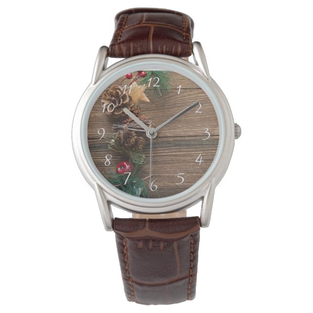 houten achtergrond met dennenappels         horloge (Voorkant)