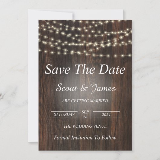 Houten Achtergrond met Elegante Lichten Save The Date (Voorkant)