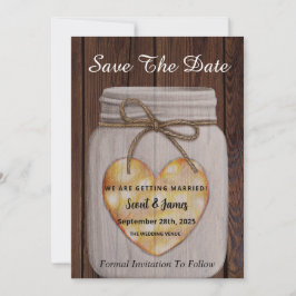 Houten Achtergrond met Hart Mason Jar Save The Date