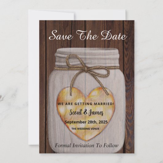 Houten Achtergrond met Hart Mason Jar Save The Date (Voorkant)