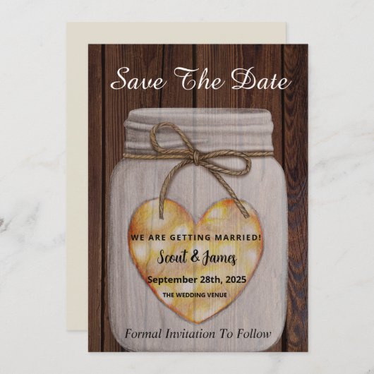 Houten Achtergrond met Hart Mason Jar Save The Date (Voorkant / Achterkant)