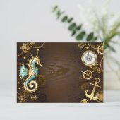 Houten achtergrond met mechanisch zeepaard bedankkaart (Staand voorkant)