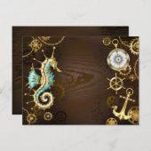 Houten achtergrond met mechanisch zeepaard briefkaart (Voorkant / Achterkant)