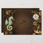 Houten achtergrond met mechanisch zeepaard briefpapier (Voorkant / Achterkant)