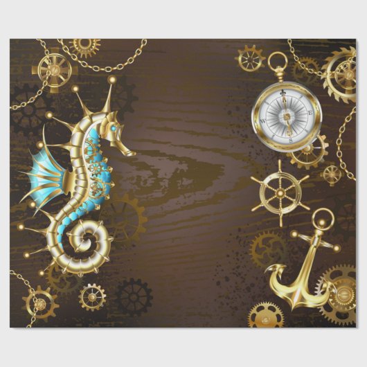 Houten achtergrond met mechanisch zeepaard cadeaupapier (Vlak)