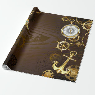Houten achtergrond met mechanisch zeepaard cadeaupapier