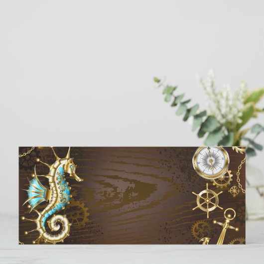 Houten achtergrond met mechanisch zeepaard feestdagenkaart (Staand voorkant)