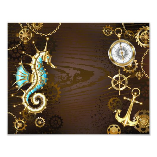 Houten achtergrond met mechanisch zeepaard foto afdruk (Voorkant)