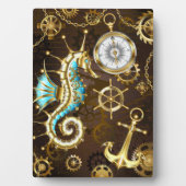 Houten achtergrond met mechanisch zeepaard fotoplaat (voorkant)