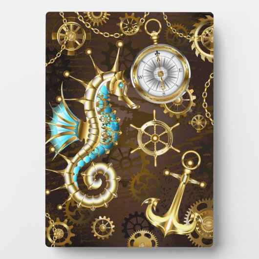 Houten achtergrond met mechanisch zeepaard fotoplaat (voorkant)