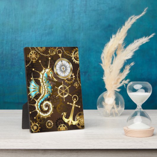 Houten achtergrond met mechanisch zeepaard fotoplaat (Zijkant)