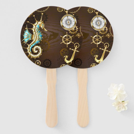 Houten achtergrond met mechanisch zeepaard handwaaier (Voorkant en achterkant)