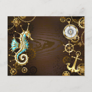 Houten achtergrond met mechanisch zeepaard informatiekaartje