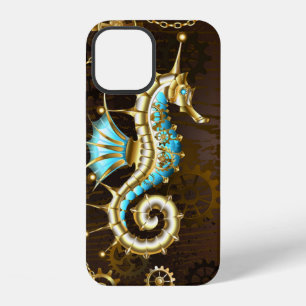 Houten achtergrond met mechanisch zeepaard iPhone 12 hoesje
