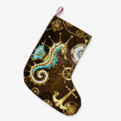 Houten achtergrond met mechanisch zeepaard kleine kerstsok (Voorkant (Hangend))