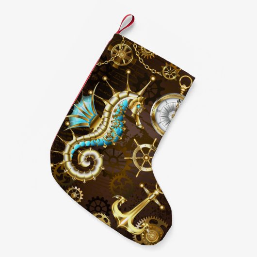 Houten achtergrond met mechanisch zeepaard kleine kerstsok (Voorkant (Hangend))