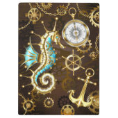 Houten achtergrond met mechanisch zeepaard klembord (Achterkant)