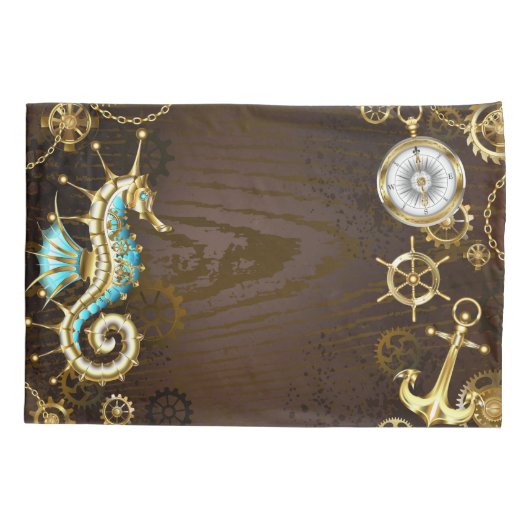 Houten achtergrond met mechanisch zeepaard kussensloop (Achterkant-Links)