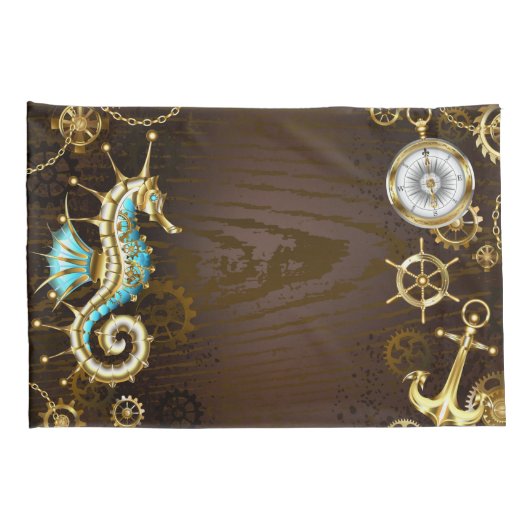 Houten achtergrond met mechanisch zeepaard kussensloop (Achterkant-Rechts)