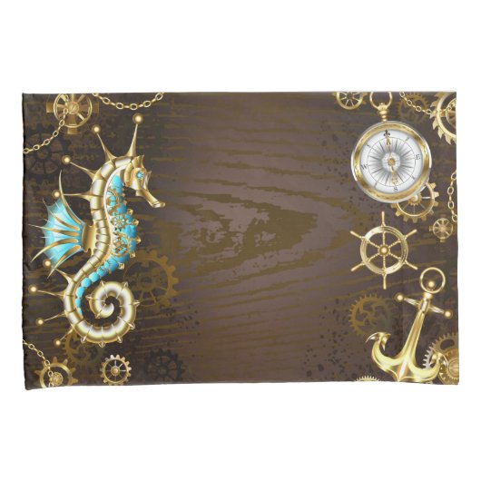 Houten achtergrond met mechanisch zeepaard kussensloop (Voorkant-Rechts)