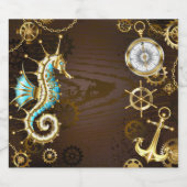 Houten achtergrond met mechanisch zeepaard likeurfles etiket (Enkel label)