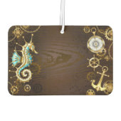 Houten achtergrond met mechanisch zeepaard luchtverfrisser (Achterkant)