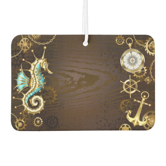 Houten achtergrond met mechanisch zeepaard luchtverfrisser (Voorkant)