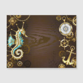 Houten achtergrond met mechanisch zeepaard magnetische uitnodiging (Voorkant)