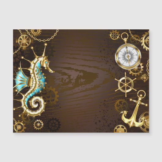 Houten achtergrond met mechanisch zeepaard magnetische uitnodiging (Voorkant)