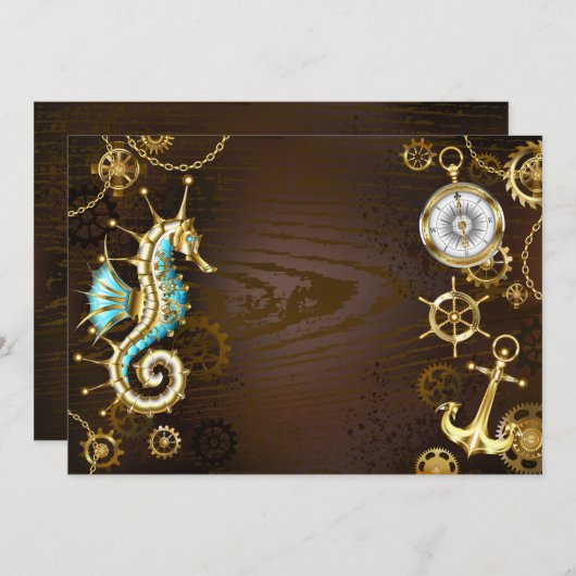 Houten achtergrond met mechanisch zeepaard notitiekaartje (Voorkant / Achterkant)