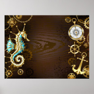 Houten achtergrond met mechanisch zeepaard poster