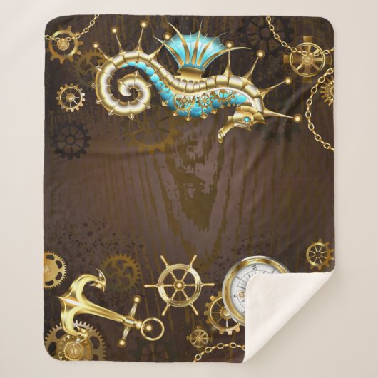 Houten achtergrond met mechanisch zeepaard sherpa deken (Voorkant)