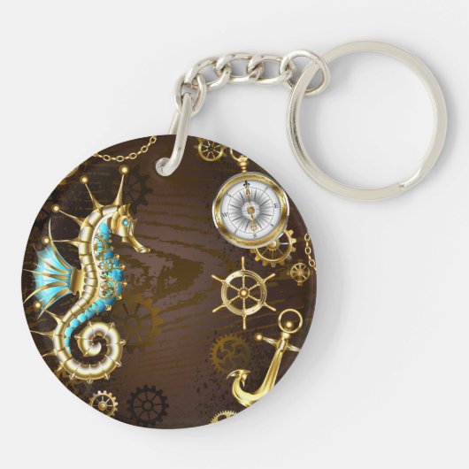 Houten achtergrond met mechanisch zeepaard sleutelhanger (Achterkant)