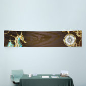 Houten achtergrond met mechanisch zeepaard spandoek (Beurs)