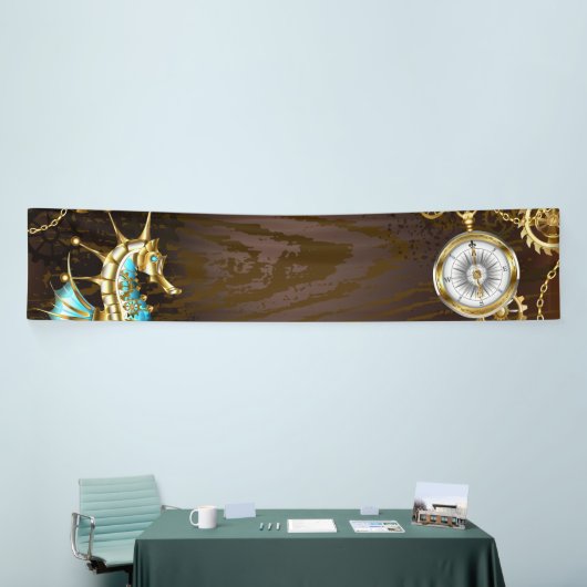 Houten achtergrond met mechanisch zeepaard spandoek (Beurs)