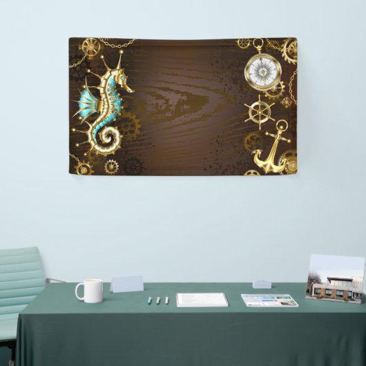 Houten achtergrond met mechanisch zeepaard spandoek (Beurs)