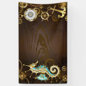 Houten achtergrond met mechanisch zeepaard spandoek (Verticaal)