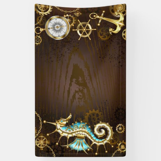 Houten achtergrond met mechanisch zeepaard spandoek (Verticaal)