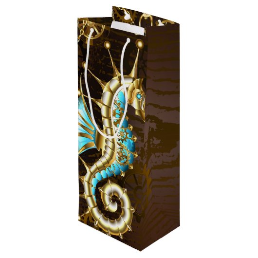 Houten achtergrond met mechanisch zeepaard wijn cadeautas (Achterkant Gekanteld)