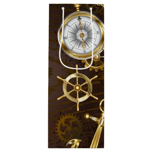 Houten achtergrond met mechanisch zeepaard wijn cadeautas (Voorkant)