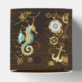 Houten achtergrond met mechanisch zeepaardje bedankdoosjes (Bovenkant)