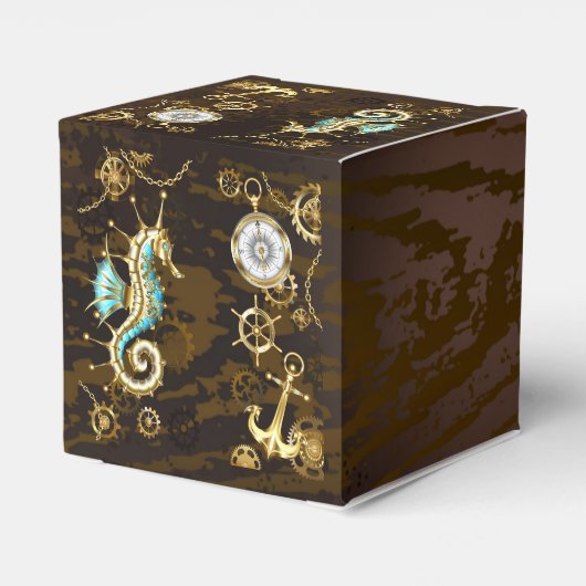 Houten achtergrond met mechanisch zeepaardje bedankdoosjes (Achterkant)