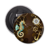 Houten achtergrond met mechanisch zeepaardje button flesopener (Voorkant)