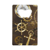 Houten achtergrond met mechanisch zeepaardje creditkaart flessenopener (Voorkant)